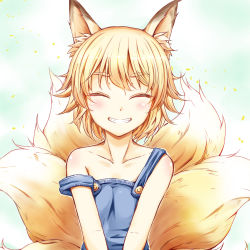 Rule 34 | 1girl, ^ ^, aged down, alternate breast size, alternate costume, animal ear fluff, animal ears, bare shoulders, blue dress, blush, body blush, breasts, closed eyes, collarbone, commentary, dress, fox ears, fox tail, green background, grin, happy, unworn headwear, highres, kitsune, multiple tails, simple background, small breasts, smile, solo, symbol-only commentary, tail, tamasan, touhou, upper body, v arms, yakumo ran
