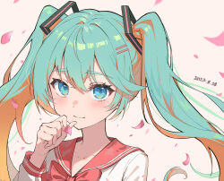 Rule 34 | 1girl, 2023, blue eyes, blue hair, blush, bow, bowtie, brown hair, cherry blossoms, chinese commentary, closed mouth, collarbone, commentary, dated, hair between eyes, hair ornament, hatsune miku, highres, holding, holding petal, long sleeves, multicolored hair, petals, portrait, red bow, red bowtie, red sailor collar, sailor collar, sailor shirt, school uniform, serafuku, setsunelhr, shirt, smile, solo, twintails, vocaloid, white shirt