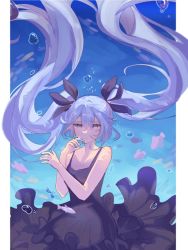 Rule 34 | 1girl, black dress, blue background, blue eyes, blue hair, bubble, closed mouth, commentary, dress, english commentary, fish, gradient background, hatsune miku, long hair, looking at viewer, outdoors, outside border, shibaxxu, twintails, underwater, upper body, very long hair, vocaloid