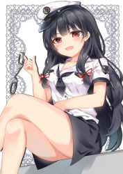 Rule 34 | 1girl, :d, arm across waist, arm rest, black hair, black neckerchief, black skirt, blush, border, breasts, collarbone, crossed legs, cuffs, feet out of frame, hair ribbon, hand up, handcuff dangle, handcuffs, hat, head tilt, highres, holding, holding handcuffs, index finger raised, isokaze (kancolle), kantai collection, lace, lace border, long hair, looking at viewer, medium breasts, neckerchief, open mouth, ornate border, peaked cap, police, police hat, police uniform, policewoman, red eyes, red ribbon, ribbon, shadow, shirt, short sleeves, sidelocks, simple background, sitting, skirt, smile, solo, sugisaki yuu, thighs, tress ribbon, uniform, upskirt, very long hair, white background, white hat, white shirt