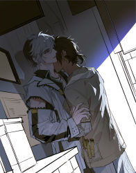 Rule 34 | 2boys, arknights, black hair, box, brown coat, chinese commentary, coat, commentary request, dark-skinned male, dark skin, dutch angle, earclip, earrings, elysium (arknights), grey eyes, hand on another&#039;s arm, highres, indoors, jewelry, kiss, kissing neck, long sleeves, male focus, multicolored hair, multiple boys, necklace, open mouth, short hair, sweatdrop, test tube, thorns (arknights), white coat, white hair, xiandao1213, yaoi