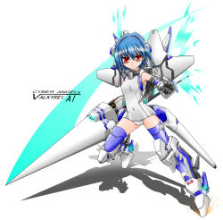 Rule 34 | 1girl, blue hair, blue thighhighs, breasts, character name, copyright name, densou tenshi valforce, elbow gloves, flat chest, gloves, hair ornament, highres, huge weapon, kannagi ai, karukan (monjya), lance, mecha musume, one-piece swimsuit, polearm, red eyes, school swimsuit, shadow, short hair, small breasts, solo, swimsuit, thighhighs, thrusters, weapon, white one-piece swimsuit