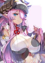 Rule 34 | 1girl, animal print, bare shoulders, bikini, blue eyes, braid, breasts, catura (granblue fantasy), catura (granblue fantasy) (cosplay), cleavage, closed mouth, cosplay, cow hat, cow print, detached collar, detached sleeves, draph, ear piercing, granblue fantasy, hair over one eye, hong (white spider), large breasts, light purple hair, long hair, looking at viewer, narmaya (granblue fantasy), navel, piercing, see-through, single braid, smile, solo, swimsuit, white bikini, wide sleeves