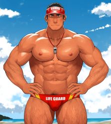Rule 34 | 1boy, abs, bara, bare pectorals, between pectorals, body hair, bulge, cloud, cloudy sky, cowboy shot, facial hair, hands on own hips, large pectorals, lifeguard, light smile, male focus, male swimwear, male swimwear writing, muscular, navel, nipples, original, pectorals, red male swimwear, red swim trunks, sakuramarusan, short hair, sky, solo, stubble, swim briefs, swim briefs writing, swimsuit, swimsuit writing, thick thighs, thighs, whistle