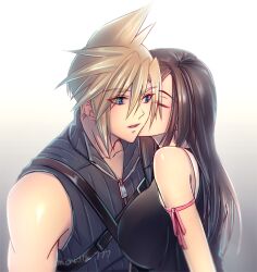 Rule 34 | 1boy, 1girl, arm ribbon, bare shoulders, black hair, blonde hair, blue eyes, breasts, brown hair, closed eyes, cloud strife, couple, earrings, final fantasy, final fantasy vii, final fantasy vii advent children, high collar, jewelry, kissing cheek, large breasts, long hair, minato (ct 777), open mouth, ribbon, shoulder belt, sleeveless, spiked hair, square enix, tifa lockhart, upper body