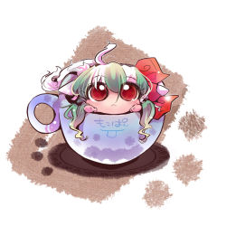 Rule 34 | 1girl, :&lt;, bad id, bad pixiv id, blush, chibi, cup, ex-keine, female focus, horn ornament, horn ribbon, horns, in container, in cup, kamishirasawa keine, long hair, looking up, mini person, minigirl, red eyes, ribbon, solo, tail, touhou, usoneko