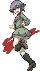 Rule 34 | 10s, 1girl, absurdres, anzio military uniform, belt, black footwear, black hair, boots, braid, brown eyes, commentary request, from behind, full body, girls und panzer, grey jacket, grey skirt, highres, jacket, long sleeves, looking at viewer, looking back, military, military uniform, miniskirt, open mouth, pantyhose, pencil skirt, pepperoni (girls und panzer), running, short hair, side braid, simple background, sketch, skirt, smile, solo, standing, uniform, wabiushi, waving, white background