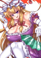 Rule 34 | 1girl, absurdres, blonde hair, breasts, cleavage, dress, elbow gloves, folding fan, frilled dress, frills, gloves, hand fan, hat, highres, large breasts, long hair, mob cap, norori, pantyhose, puffy short sleeves, puffy sleeves, purple dress, purple eyes, short sleeves, sidelocks, solo, touhou, very long hair, white gloves, white hat, wide sleeves, yakumo yukari