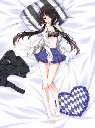 Rule 34 | 10s, 1girl, back, barefoot, bed, bed sheet, black bra, black hair, blush, bra, breasts, cleavage, clothes pull, cushion, date a live, female masturbation, hair over one eye, hairband, heart, legs, long hair, lying, masturbation, miniskirt, on bed, open mouth, pillow, red eyes, school uniform, shirt, shirt pull, skirt, solo, thighs, tokisaki kurumi, twintails, underwear, very long hair