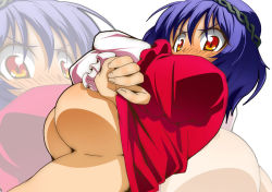 Rule 34 | 1girl, blue hair, blush, breasts, clothes lift, embarrassed, female focus, from below, large breasts, layered sleeves, long sleeves, looking at viewer, midriff, orange eyes, red eyes, shirt lift, short hair, short over long sleeves, short sleeves, simple background, solo, toudori, touhou, underboob, undressing, yasaka kanako, zoom layer