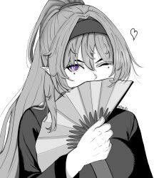 Rule 34 | 1girl, absurdres, bqasta, breasts, circle facial mark, commentary, covered mouth, english commentary, hair between eyes, hairband, hand fan, heart, high ponytail, highres, holding, holding fan, large breasts, long hair, looking at viewer, monochrome, one eye closed, pointy ears, purple eyes, robe, sidelocks, simple background, solo, spot color, twitter username, white background, wuthering waves, yinlin (wuthering waves)