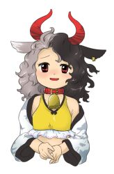 Rule 34 | 1girl, alternate breast size, animal ears, bell, black hair, collar, cow ears, cow girl, cow horns, cowbell, earrings, flat chest, furrowed brow, grey hair, horns, jewelry, looking at viewer, medium hair, multicolored hair, neck bell, nonamejd, official style, open mouth, red collar, red eyes, red horns, simple background, single earring, smile, solo, split-color hair, touhou, two-tone hair, upper body, ushizaki urumi, white background, zun (style)