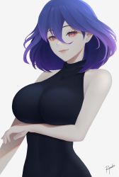 Rule 34 | 1girl, arm under breasts, artist name, blue hair, breasts, closed mouth, covered navel, dress, highres, kinsou no vermeil, large breasts, looking at viewer, medium hair, multicolored hair, narrow waist, pale skin, purple hair, red eyes, ryumikooo, signature, simple background, sleeveless, sleeveless sweater, sleeveless turtleneck, sleeveless turtleneck dress, smile, solo, sweater, turtleneck, turtleneck dress, turtleneck sweater, two-tone hair, upper body, vermeil (kinsou no vermeil), white background