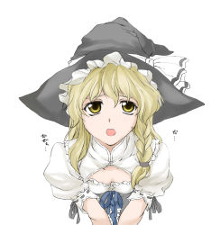 Rule 34 | 1girl, blonde hair, braid, breasts, cleavage, curiosities of lotus asia, elf (stroll in the woods), female focus, hair ribbon, hat, hat ribbon, hmx99 elf, kirisame marisa, looking at viewer, open mouth, puffy short sleeves, puffy sleeves, ribbon, short sleeves, side braid, simple background, solo, touhou, white background, witch hat, yellow eyes