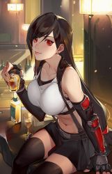 Rule 34 | 1girl, alcohol, bare shoulders, belt, belt buckle, black hair, breasts, buckle, collarbone, crow0cc, cup, earrings, elbow gloves, final fantasy, final fantasy vii, final fantasy vii remake, fingerless gloves, gloves, highres, holding, holding cup, indoors, jewelry, large breasts, long hair, looking at viewer, midriff, navel, red eyes, sitting, sleeveless, solo, stomach, thighhighs, tifa lockhart