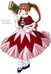 Rule 34 | 1girl, biscuit krueger, blue eyes, blush, bobby socks, book, brown hair, capelet, character name, dress, drill hair, frilled socks, frills, gloves, hair ribbon, hand on own hip, hunter x hunter, lolita fashion, long hair, looking at viewer, mary janes, ponytail, red dress, ribbon, shoes, socks, solo, standing, transparent background, tusk0315, white socks