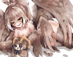 Rule 34 | 1girl, absurdres, alternate costume, bare shoulders, brown eyes, brown feathers, brown hair, commentary, commission, ddrawins, english commentary, fangs, feathered wings, feathers, fur thighhighs, hair ornament, harpy, high ponytail, highres, hololive, hololive english, hooman (nanashi mumei), long hair, lying, monster girl, multicolored hair, nanashi mumei, on side, owl girl, parted lips, sharp teeth, simple background, streaked hair, talons, tearing up, teeth, virtual youtuber, white background, wings