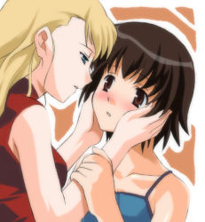 Rule 34 | 00s, 2girls, blonde hair, blue eyes, blush, breasts, brown eyes, brown hair, eye contact, female focus, hands on another&#039;s cheeks, hands on another&#039;s face, long hair, looking at another, lowres, mireille bouquet, multiple girls, noir (anime), short hair, umekichi, upper body, yuri, yuumura kirika