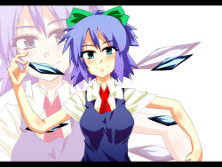 Rule 34 | 1girl, bad id, bad pixiv id, blue eyes, blue hair, breasts, cirno, female focus, hair ribbon, ice, ice wings, kuze, letterboxed, matching hair/eyes, necktie, ribbon, solo, touhou, white background, wings