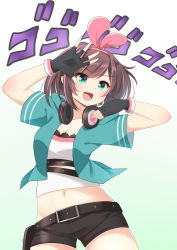 Rule 34 | 1girl, :d, arm up, belt, belt buckle, black belt, black gloves, black shorts, blue jacket, blush, breasts, brown hair, buckle, cleavage, commentary, crop top, fingerless gloves, gloves, gradient background, green background, green eyes, hair ribbon, hairband, hand up, headphones, headphones around neck, ikazu401, jacket, jojo no kimyou na bouken, jojo pose, kizuna ai, kizuna ai (a.i. games), kizuna ai inc., midriff, multicolored hair, navel, official alternate costume, open clothes, open jacket, open mouth, pink hair, pink hairband, pink ribbon, ribbon, round teeth, shirt, short hair, short shorts, short sleeves, shorts, small breasts, smile, solo, sound effects, streaked hair, teeth, translation request, upper teeth only, v-shaped eyebrows, virtual youtuber, white background, white shirt, wide sleeves