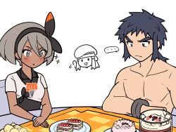 Rule 34 | ..., 1boy, 2girls, bea (pokemon), black bodysuit, black eyes, black hair, black hairband, blush, bodysuit, bodysuit under clothes, bow hairband, bruno (pokemon), cake, chair, closed mouth, collared shirt, commentary request, creatures (company), dark-skinned female, dark skin, dawn (palentine&#039;s 2021) (pokemon), dawn (pokemon), dessert, dynamax band, elite four, eyelashes, food, game freak, grey eyes, grey hair, gym leader, hair between eyes, hairband, kiwi of ruin, korean commentary, long hair, long sideburns, looking down, multiple girls, nintendo, official alternate costume, own hands together, partially colored, plate, pokemon, pokemon hgss, pokemon masters ex, pokemon swsh, ponytail, print shirt, shirt, short hair, short sleeves, sideburns, sparkle, sparkling eyes, spoken ellipsis, table, tablecloth, topless male