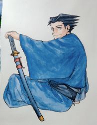 Rule 34 | 1boy, absurdres, ace attorney, alternate costume, black hair, blue kimono, blue theme, closed mouth, forehead, from side, full body, godzillapigeon1, grey eyes, hand on hilt, happy, highres, indian style, japanese clothes, katana, kimono, long sleeves, looking at viewer, male focus, obi, phoenix wright, sash, short hair, simple background, sitting, smile, solo, spiked hair, sword, traditional media, weapon, white background, wide sleeves