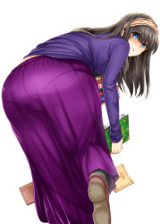 Rule 34 | 10s, 1girl, ass, bent over, black hair, blue eyes, blue sweater, blush, book, boots, brown hair, crotch seam, dress, dropping, embarrassed, from behind, hairband, holding, holding book, idolmaster, idolmaster cinderella girls, leaning, leaning forward, long hair, long skirt, long sleeves, looking at viewer, looking back, panties, pantylines, parted lips, purple skirt, sagisawa fumika, see-through, simple background, skirt, solo, standing, sweater, underwear, white background, yamada naoko (hideko1227)