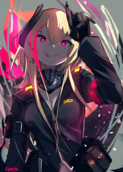 Rule 34 | 1girl, absurdres, armband, artist name, bandana, blonde hair, breasts, cleavage, fang, gar32, girls&#039; frontline, glowing, highres, long hair, looking at viewer, m4 sopmod ii (girls&#039; frontline), multicolored hair, red eyes, smile, solo, streaked hair, tongue, tongue out, upper body