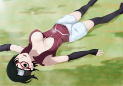 Rule 34 | 1girl, arm up, bare shoulders, black eyes, black gloves, black hair, black thighhighs, blush, breasts, elbow gloves, eyebrows, female focus, fingerless gloves, forehead protector, glasses, gloves, large breasts, looking at viewer, lying, naruto, naruto (series), nature, on back, on grass, open mouth, outdoors, red-framed eyewear, short hair, shorts, solo, spread legs, swept bangs, teeth, thighhighs, uchiha sarada, upper teeth only