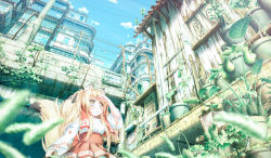 Rule 34 | absurdres, animal ears, barbed wire, blonde hair, blush, day, fox, fox ears, fox girl, fox tail, hair ornament, highres, holding, holding lantern, industrial pipe, lantern, long hair, looking away, original, parted lips, plant, potted plant, power lines, red skirt, scenery, shiro dai kitsune, sign, skirt, solo, tail, x hair ornament, yellow eyes