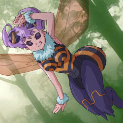 Rule 34 | 1girl, :q, antennae, bad id, bad pixiv id, bee girl, black eyes, breasts, capcom, female focus, forest, arthropod girl, ki (adotadot), large breasts, monster girl, nature, outdoors, pantyhose, purple hair, q-bee, short hair, solid eyes, solo, tongue, tongue out, vampire (game), wings