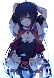 Rule 34 | 1girl, aqua eyes, arm warmers, arms up, backlighting, black dress, black hair, bow, breasts, cleavage, cross, dress, long hair, looking at viewer, ogipote, open clothes, open vest, original, short sleeves, solo, very long hair, vest