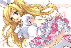 Rule 34 | 10s, 1girl, :d, ass, bad id, bad pixiv id, blonde hair, boots, braid, breasts, cure rhythm, dress, frills, green eyes, hair ribbon, happy, heart, impossible clothes, impossible shirt, long hair, magical girl, minamino kanade, open mouth, precure, ribbon, shirt, smile, solo, suite precure, wrist cuffs, yukiwo