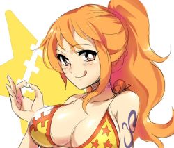 Rule 34 | 1girl, artist request, bikini, bikini top only, breasts, bright pupils, brown eyes, cleavage, large breasts, long hair, nami (one piece), one piece, orange hair, solo, star (symbol), swimsuit, tattoo