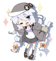 Rule 34 | 1girl, ;d, arm up, baseball cap, black footwear, black skirt, black socks, blush, boots, bow, braid, breasts, brown bow, chibi, commentary request, full body, grey hat, grey jacket, hair between eyes, hair bow, halftone, hat, highres, jacket, kizuna akari, kneehighs, leaning to the side, long hair, long sleeves, low twintails, medium breasts, milkpanda, one eye closed, open clothes, open jacket, open mouth, puffy long sleeves, puffy sleeves, shirt, silver hair, skirt, sleeves past wrists, smile, socks, solo, sparkle, standing, star (symbol), thick eyebrows, twin braids, twintails, very long hair, voiceroid, white background, white shirt