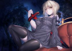 Rule 34 | 1girl, alternate breast size, artoria pendragon (all), artoria pendragon (fate), black bow, black dress, black ribbon, black thighhighs, blonde hair, blush, bow, braid, breasts, cleavage, couch, crown braid, dress, excalibur morgan (fate), fate (series), french braid, hair bow, hair bun, highres, hirasawa seiji, holding, holding sword, holding weapon, large breasts, long sleeves, looking at viewer, medium hair, night, off-shoulder dress, off shoulder, ribbon, saber alter, single hair bun, sitting, slit pupils, solo, sword, thighhighs, tree, weapon, yellow eyes
