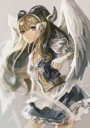 Rule 34 | 1girl, bandaged hand, belt, breasts, brown hair, cleavage, highres, horns, long hair, looking at viewer, original, parted lips, pine (yellowpine112), red eyes, simple background, small breasts, solo, wings