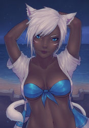 Rule 34 | 10s, 1girl, animal ears, arms up, warrior of light (ff14), beach, bikini, bikini top only, blue eyes, breasts, cat ears, cat tail, dark-skinned female, dark skin, facial mark, final fantasy, final fantasy xiv, jacket, lips, looking at viewer, miqo&#039;te, navel, night, open clothes, open jacket, short hair, slit pupils, smile, solo, soranamae, swimsuit, tail, upper body, white hair