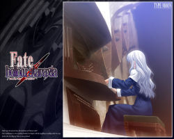 Rule 34 | 00s, 1girl, bench, caren hortensia, copyright name, dress, fate/hollow ataraxia, fate/stay night, fate (series), from below, from side, habit, hidden face, instrument, long hair, long sleeves, music, playing instrument, solo, takeuchi takashi, white hair