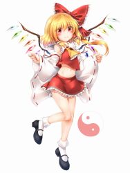 Rule 34 | 1girl, ascot, bare legs, bare shoulders, black footwear, blonde hair, blush, bow, commentary request, cosplay, crop top, crystal, detached sleeves, fang, fang out, flandre scarlet, frilled ascot, frilled shirt collar, frills, full body, hair between eyes, hair bow, hair tubes, hakurei reimu, hakurei reimu (cosplay), highres, long hair, long sleeves, looking at viewer, marukyuu ameya, mary janes, midriff, miniskirt, nail polish, navel, no headwear, one side up, petticoat, red bow, red eyes, red nails, red skirt, ribbon-trimmed sleeves, ribbon trim, shoes, sidelocks, simple background, skirt, skirt set, smile, socks, solo, stomach, thighs, touhou, white background, white socks, wide sleeves, wings, yellow ascot, yin yang