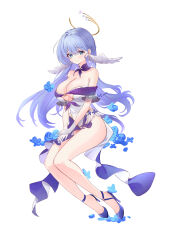 Rule 34 | 1girl, absurdres, alternate costume, ash (cat7evy), bare shoulders, blue flower, blue rose, breasts, cleavage, closed mouth, covered erect nipples, dress, earrings, flower, full body, gloves, halo, high heels, highres, honkai: star rail, honkai (series), invisible chair, jewelry, large breasts, long hair, looking at viewer, purple dress, purple hair, robin (honkai: star rail), rose, simple background, sitting, smile, solo, two-tone dress, white background, white dress, white gloves, white wings, wings