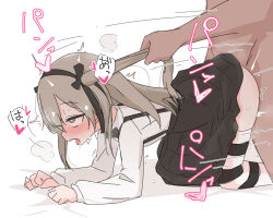 Rule 34 | 1boy, 1girl, all fours, ame (amechan17391739), black ribbon, blush, brown eyes, doggystyle, girls und panzer, grabbing another&#039;s hair, heterochromia, light brown hair, long hair, pantyhose, ribbon, sex, sex from behind, shimada arisu, simple background, sketch, striped clothes, striped pantyhose, tongue, tongue out, twintails, white background