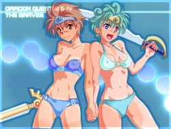 Rule 34 | 2girls, bikini, blue eyes, breasts, brown eyes, brown hair, circlet, cleavage, copyright name, covered erect nipples, damedungeon, dc comics, dragon quest, dragon quest iii, dragon quest iv, earrings, green hair, heroine (dq4), holding hands, interlocked fingers, jewelry, medium breasts, midriff, multiple girls, navel, o-ring, o-ring bottom, o-ring top, one-piece tan, open mouth, roto (dq3), shirt tan, shorts tan, side-by-side, square enix, sweatdrop, swimsuit, sword, tan, tanline, weapon
