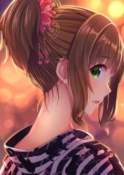 Rule 34 | 1girl, animal print, blurry, blurry background, blush, brown hair, cat print, commentary request, depth of field, fang, flower, green eyes, hair between eyes, hair flower, hair ornament, highres, idolmaster, idolmaster cinderella girls, japanese clothes, kimono, looking at viewer, looking back, maekawa miku, nape, neck, parted lips, paw print, ponytail, portrait, print kimono, red flower, sidelocks, solo, striped clothes, striped kimono, sweat, u rin, vertical-striped clothes, vertical-striped kimono, yukata