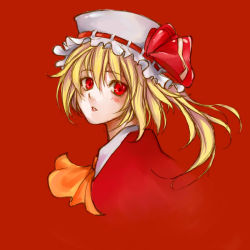Rule 34 | 1girl, ascot, bakusyuu, blonde hair, blush, female focus, flandre scarlet, hair ribbon, hat, looking at viewer, parted lips, portrait, red background, red theme, ribbon, short hair, side ponytail, solo, touhou, upper body