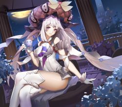 Rule 34 | 1girl, absurdres, bare shoulders, breasts, covered navel, crossed legs, cup, fate/grand order, fate (series), gloves, grey eyes, hat, highres, long hair, looking at viewer, marie antoinette (fate), marie antoinette (third ascension) (fate), medium breasts, moon, night, parted lips, silver hair, smile, solo, sunshine (1638509769), teacup, thighs, twintails, very long hair, white gloves, white legwear