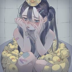 Rule 34 | 1girl, bandaid, bandaid on arm, bandaid on knee, bandaid on leg, blue eyes, blue hair, blush, commentary, crying, crying with eyes open, frown, gauze, hair between eyes, hair bun, hair ornament, hairclip, hands on own face, kanikamaseiun, long hair, original, rubber duck, sitting, solo, symbol-only commentary, tears, tile wall, tiles, vaccine scar, very long hair