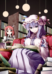 Rule 34 | 0-den, 2girls, absurdres, black vest, blue bow, blunt bangs, book, book stack, bookshelf, bow, breasts, brooch, closed mouth, collared shirt, commentary request, couch, crescent, crescent hat ornament, dress, hair bow, hat, hat ornament, head wings, highres, indoors, jewelry, juliet sleeves, koakuma, large breasts, library, lips, long hair, long sleeves, mob cap, multiple girls, patchouli knowledge, pink headwear, puffy sleeves, purple dress, purple eyes, purple hair, reading, red bow, red eyes, red hair, shirt, sidelocks, sitting, striped clothes, striped dress, touhou, unfinished, vest, white shirt, wing collar, wings