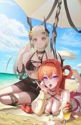 Rule 34 | 2girls, apple, arknights, asymmetrical hair, bandages, barefoot, beach, beach towel, beach umbrella, bikini, bikini top only, black bandages, black bikini, black choker, black hair, blue sky, blush, breasts, choker, cleavage, cloud, cloudy sky, commentary, cup, day, demon horns, english commentary, expressionless, eyelashes, feet out of frame, flower, food, foot out of frame, fruit, grey hair, hair between eyes, hair flower, hair intakes, hair ornament, hand in own hair, highres, holding, holding spoon, horns, ice cream, infection monitor (arknights), long hair, looking at viewer, lying, material growth, medium breasts, mudrock (arknights), mudrock (silent night) (arknights), multiple girls, official alternate costume, on stomach, open mouth, oripathy lesion (arknights), outdoors, pointy ears, purple eyes, red eyes, red hair, shugo 15, single hair ring, sitting, sky, slit pupils, soles, spoon, star (symbol), star hair ornament, sundae, surtr (arknights), surtr (colorful wonderland) (arknights), swimsuit, swimsuit cover-up, tongue, tongue out, towel, umbrella