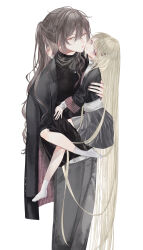 Rule 34 | 1boy, 1girl, absurdly long hair, absurdres, age difference, bishounen, black jacket, black nails, black shirt, blonde hair, couple, face-to-face, feet out of frame, grey eyes, grey hair, grey pants, grey skirt, hair between eyes, hair ornament, hairclip, half updo, hetero, highres, jacket, jacket on shoulders, lifting person, long hair, looking at viewer, msa (fary white), original, pants, purple eyes, red pupils, shirt, simple background, skirt, slit pupils, smile, socks, very long hair, white background, white socks